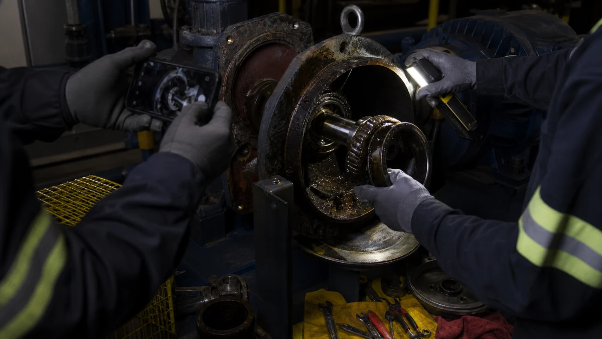 Técnicos documentando y diagnosticando de noche la falla de un rodamiento en una bomba industrial