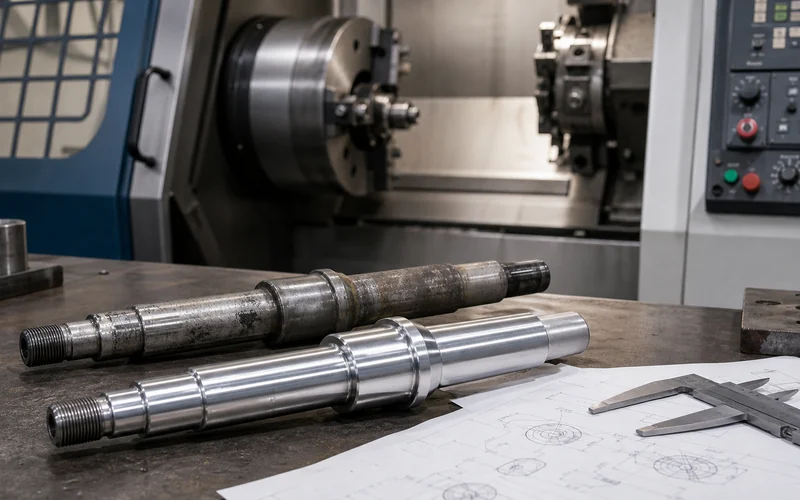 Eje industrial nuevo fabricado localmente junto a la pieza desgastada