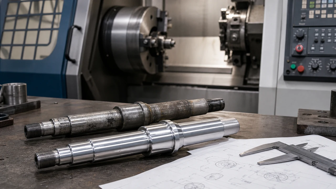 Eje industrial nuevo fabricado localmente junto a la pieza desgastada