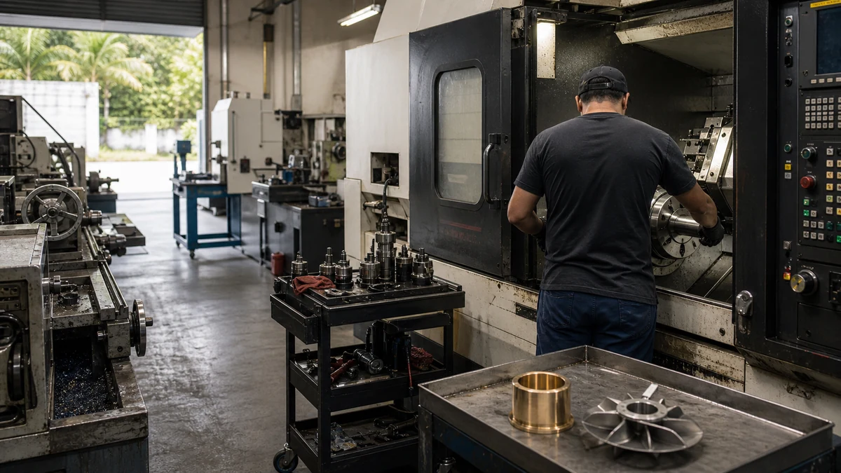 Operación de torno CNC para fabricar ejes, bujes e impulsores en el taller de Playa del Carmen
